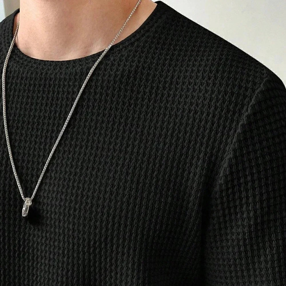 Black Preppy Mens Solid Waffle Knit Tee - Picture 4 of 5